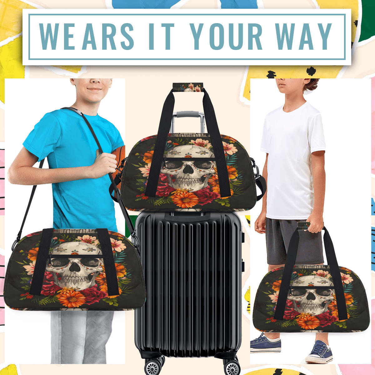 Herdesigns Sports Duffle Bags Travel Duffle Bag Gym Bag Sugar Flower Skull Floral Gothic Weekender Travel Bag Waterproof Overnight Bag Carry On Travel Tote Bag Dance Bags