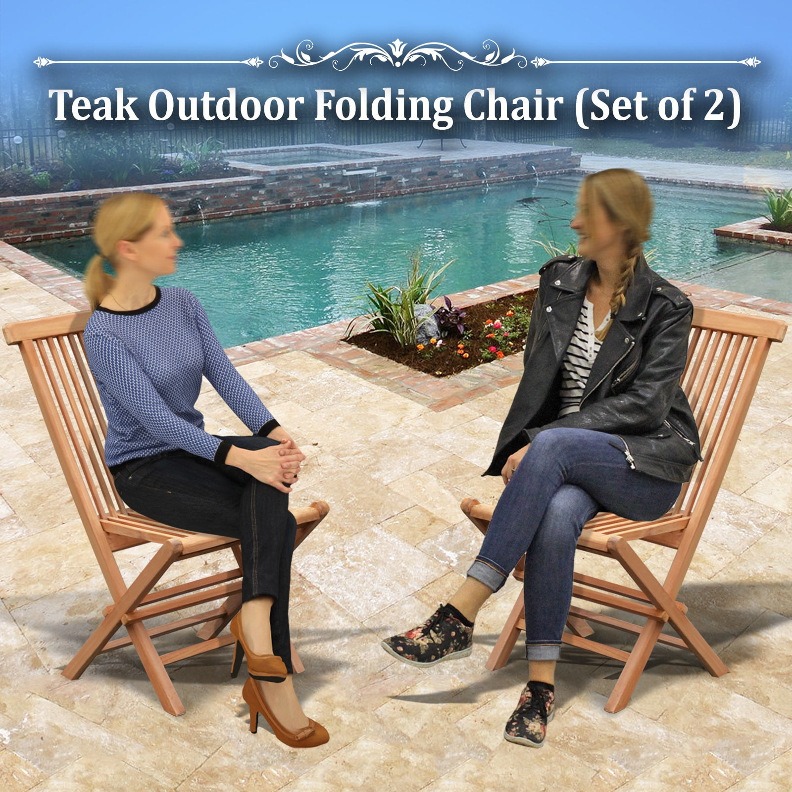Sunrise Golden Teak Wood Folding Chair Set, 2 PC Folding Chair for Patio, Garden and Yard