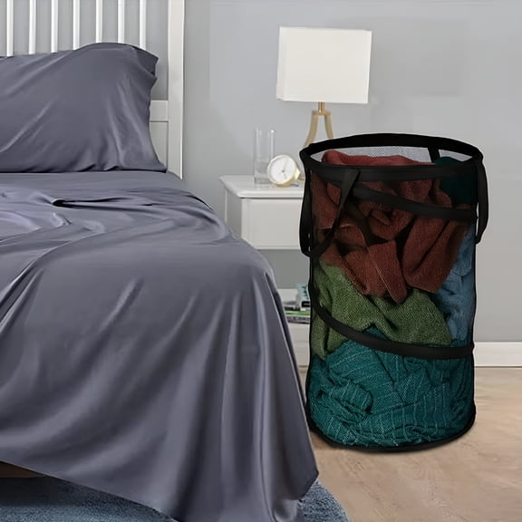 ACDANC Collapsible Round Popup Laundry Hamper,Foldable Mesh Laundry Basket with Reinforced Carry Handles Solid Bottom,Black
