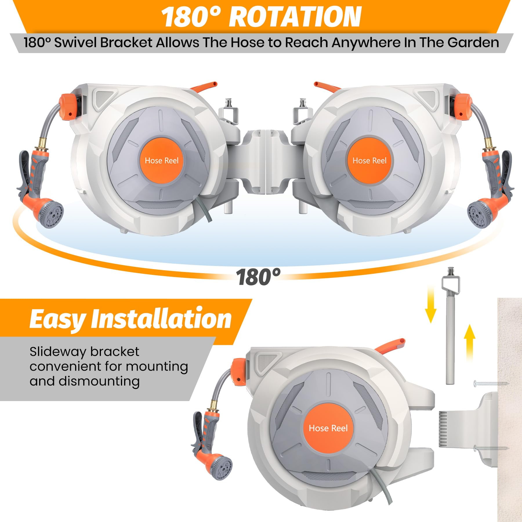 Kojooin Wall Mounted Retractable Hose Reel – Automatic Rewind, Adjustable Length Lock, 180° Swivel Bracket, Slow Return System