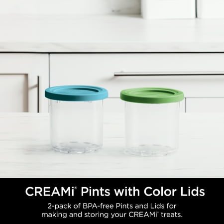 CREAMi Pints and Lids - 2 Pack, Compatible with NC300s Series Ninja Creami Ice Cream Makers - Clear/Lime/Aqua