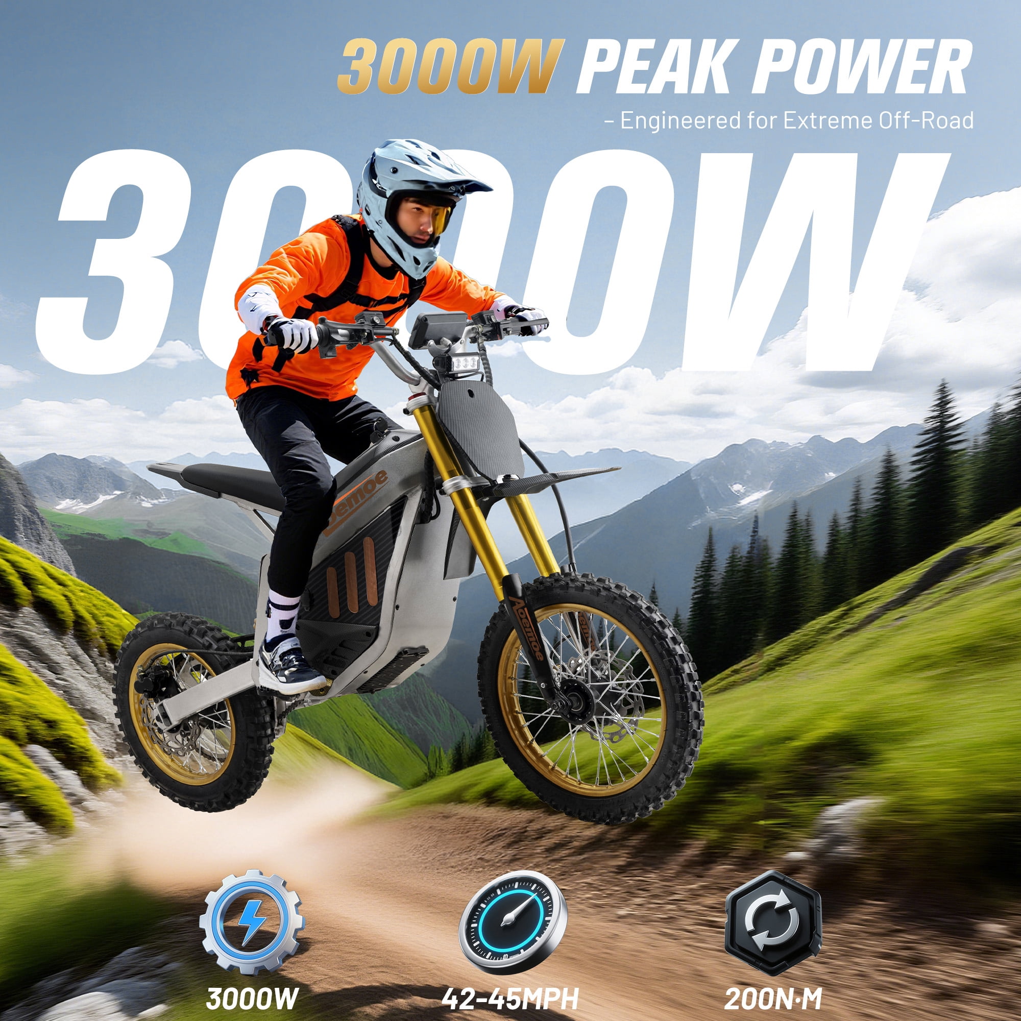 Aoemoe 48V Electric Dirt Bike 3000W (Peak Power)  42mph  (Gold)