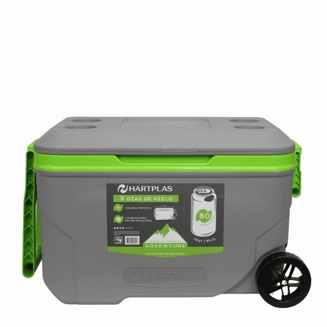 Hielera Hartplas Everest Adventure 52Qt con Ruedas | 80 Latas, 5 Días de Hielo, Color Gris/Verde