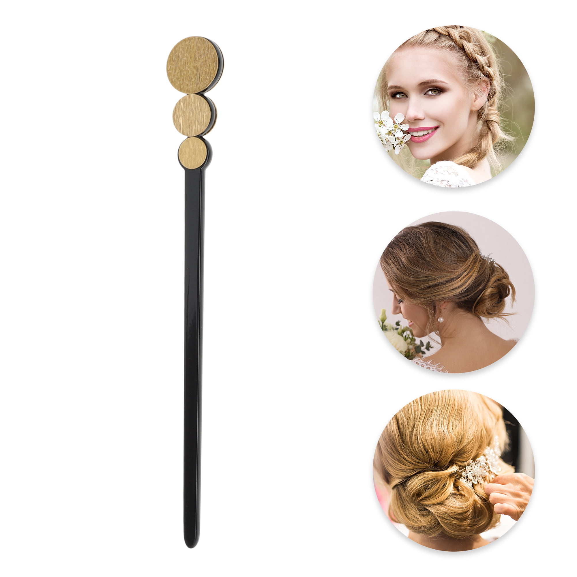 Unique Bargains Comfortable Three Circles Hair Chopstick for Women 1 Pc Black, Gold Tone