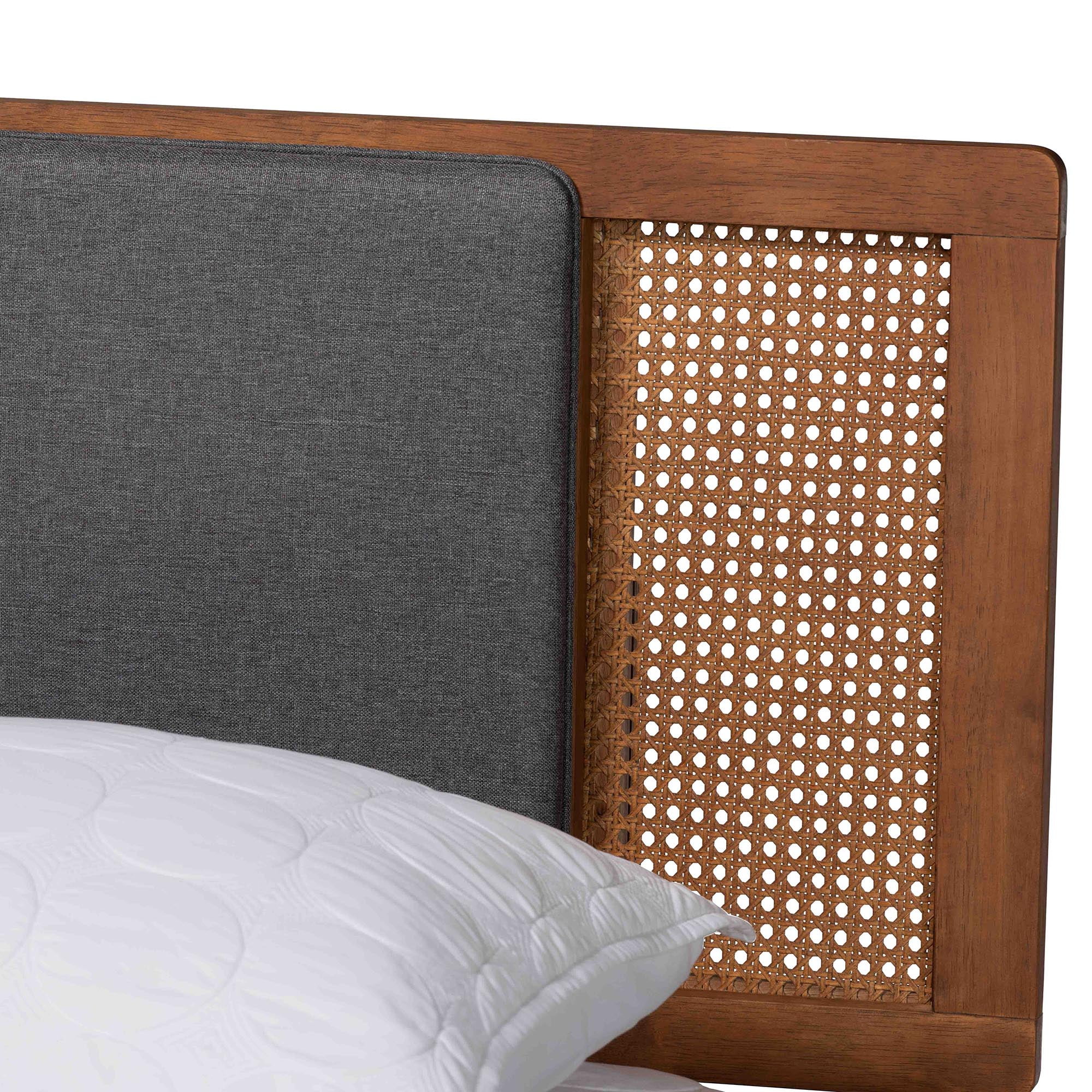 Baxton Studio Delfina Mid-Century Modern Dark Grey Fabric and Walnut Brown Finished Wood Queen Size Platform Bed