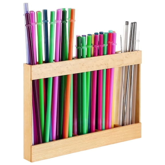 Wooden Straw Storage Rack with Double-Sided Tape, Non-Tip Straw Organizer for Cabinet Door, Compact and Convenient for Neat Straw Storage, Easy Installation, Wood Grain Finish