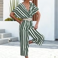 thumbnail image 4 of Gaecuw One Piece Jumpsuits for Women Summer Short Sleeve Overall V Neck Band Collar Striped Onesie One Piece Outfits Casual Baggy Long Pants Wide Leg Romper Pull On Calf Length Trousers Resort Wear, 4 of 8