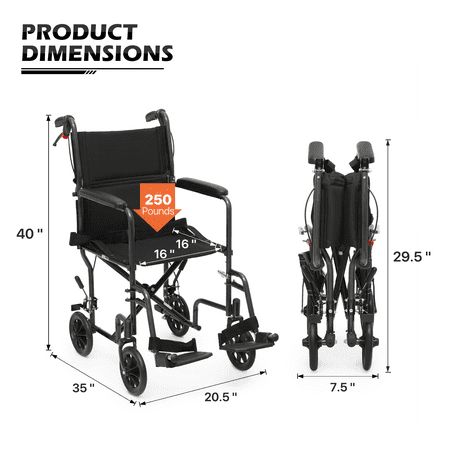 monicare *FDA APPROVED* Lightweight Transport Wheelchair with 16" Seat, Folding Transport Chair with Swing Away Footrests and Flip Back Backrest, Black