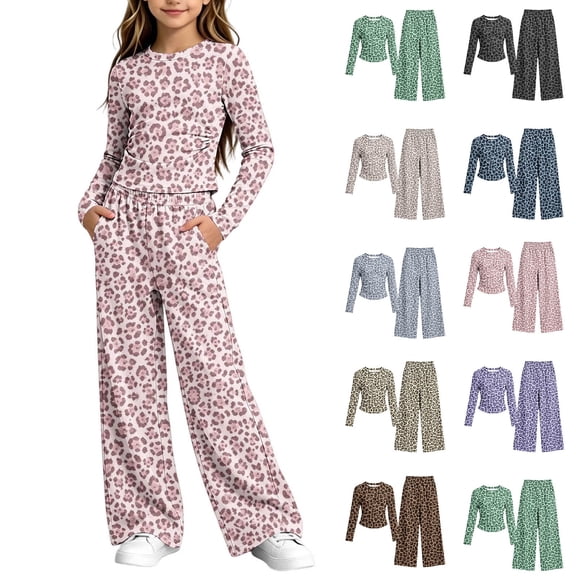 Spazoro Girls Outfit Sets with Ruched Cropped Top, Elastic Waist Wide Leg Animal Print Long Sleeve Casual Loungewear 2 Piece Clothing Pink Size 9-10