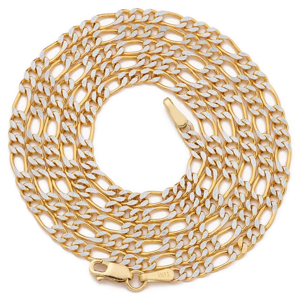 14K Two Tone Gold Pave Hollow Figaro Chain Necklace with Lobster Lock ...