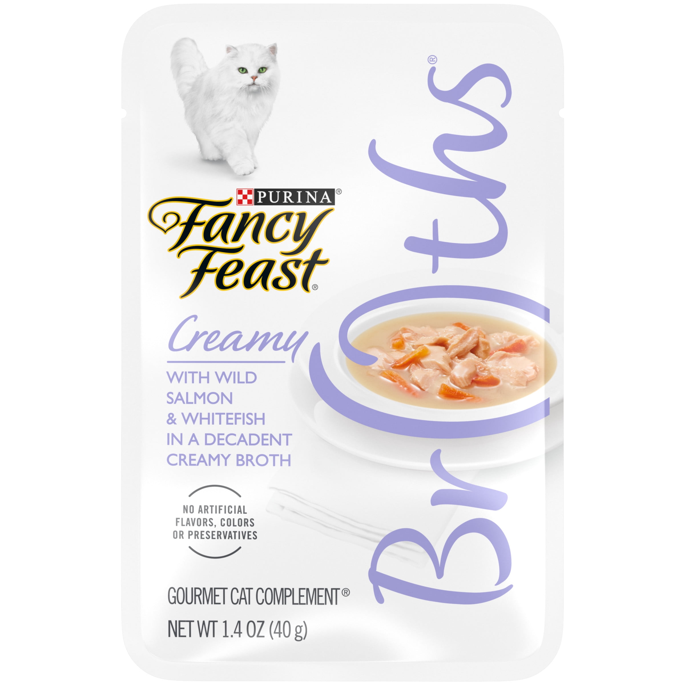 Fancy Feast Limited Ingredient Wet Cat Food Complement, Broths Creamy With Wild Salmon & Whitefish, 1.4 oz. Pouch