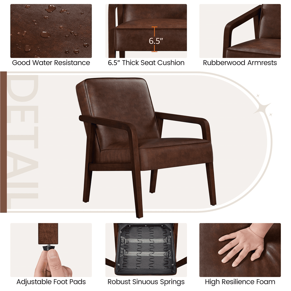 Renwick Mid-Century Modern Upholstered Faux Leather Armchair, Dark Brown