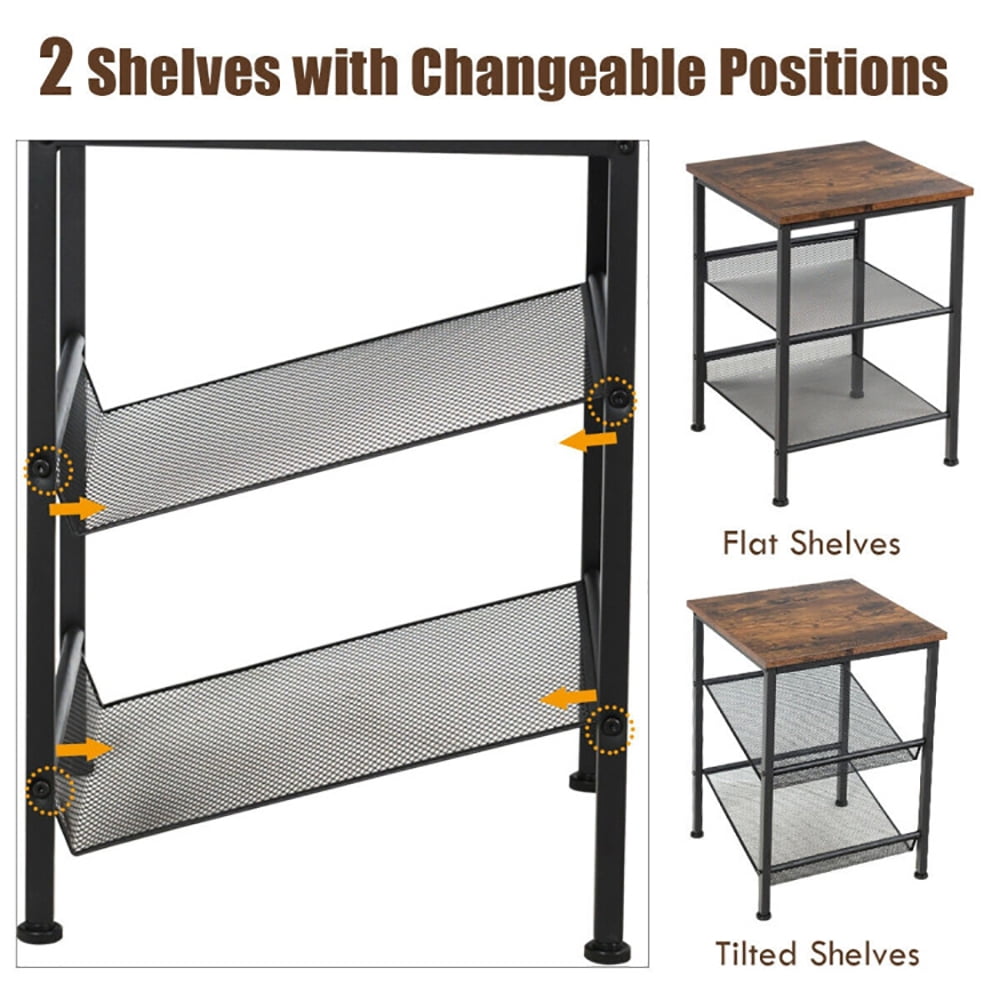 Finihen End Table, 3-Tier Industrial End Table with Mesh Shelves and Adjustable Shelves, Sofa Side Table, Bed Side Table, for Living Room, Bedroom, Brown Finihen End Table, 3-Tier Industrial End Table with Mesh Shelves and Adjustable Shelves, Sofa Side Table, Bed Side Table, for Living Room, Bedroom, Brown