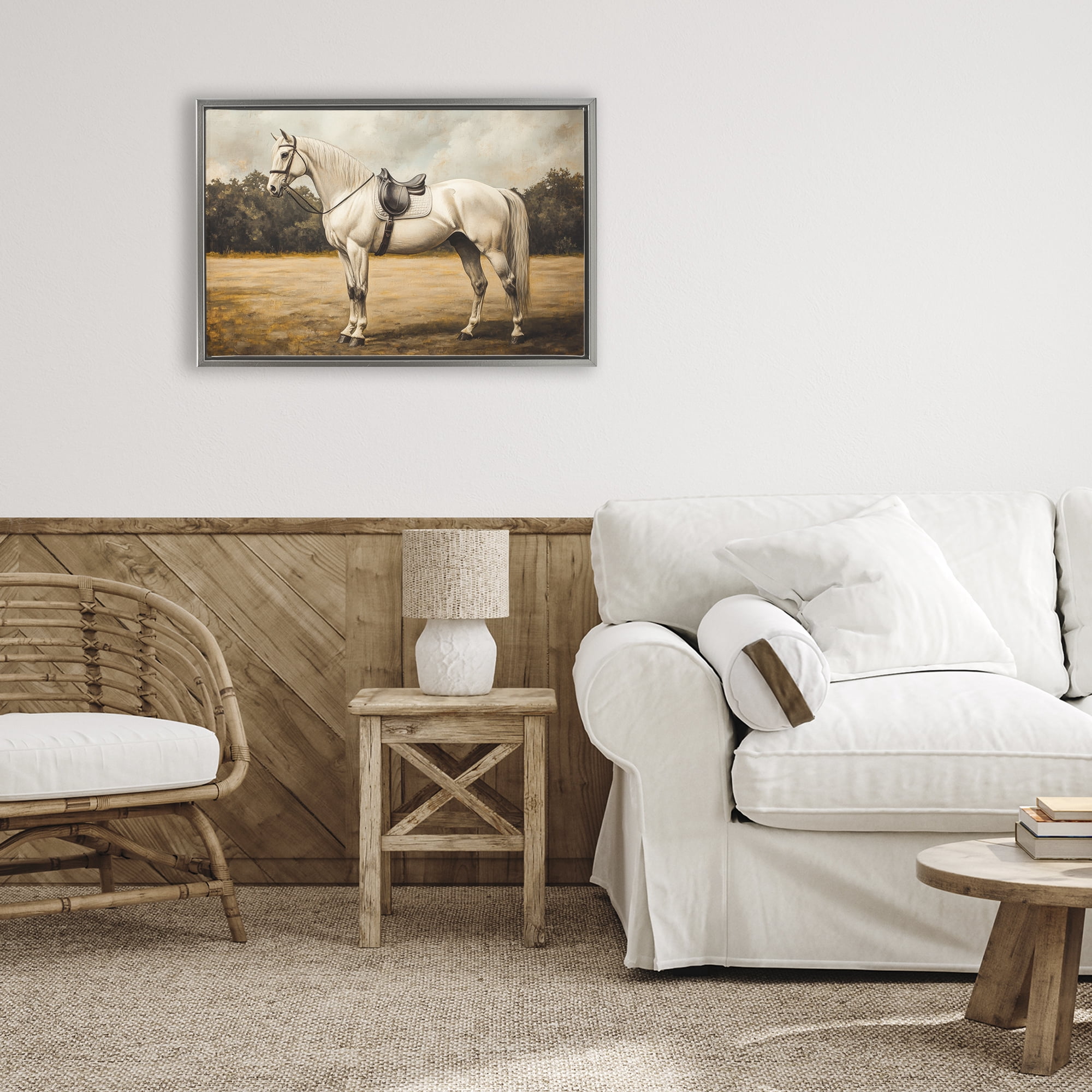 Stupell Industries White Mare with Saddle Gray Framed Floater Canvas Wall Art, design by Petal Prints Design