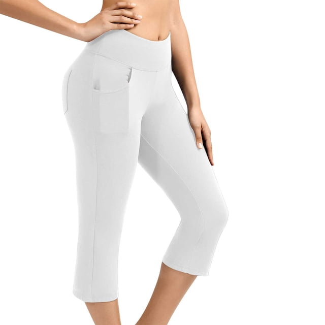 Womens Yoga Pants High Waisted Solid Color Knee Length Leggings Workout Exercise Capris Pants For Women