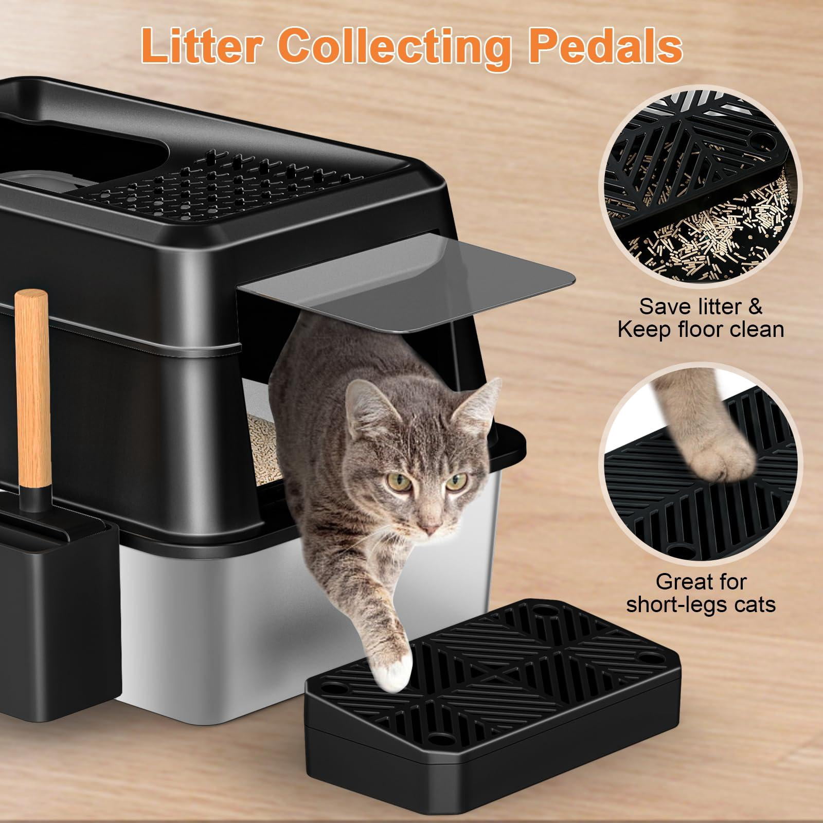 Stainless Steel Cat Litter Box With Lid Extra Large Enclosed Non-sticky Metal Pan High Sided & Scoop  Odor Free Front Top Entry Anti-leakage Easy Cleaning
