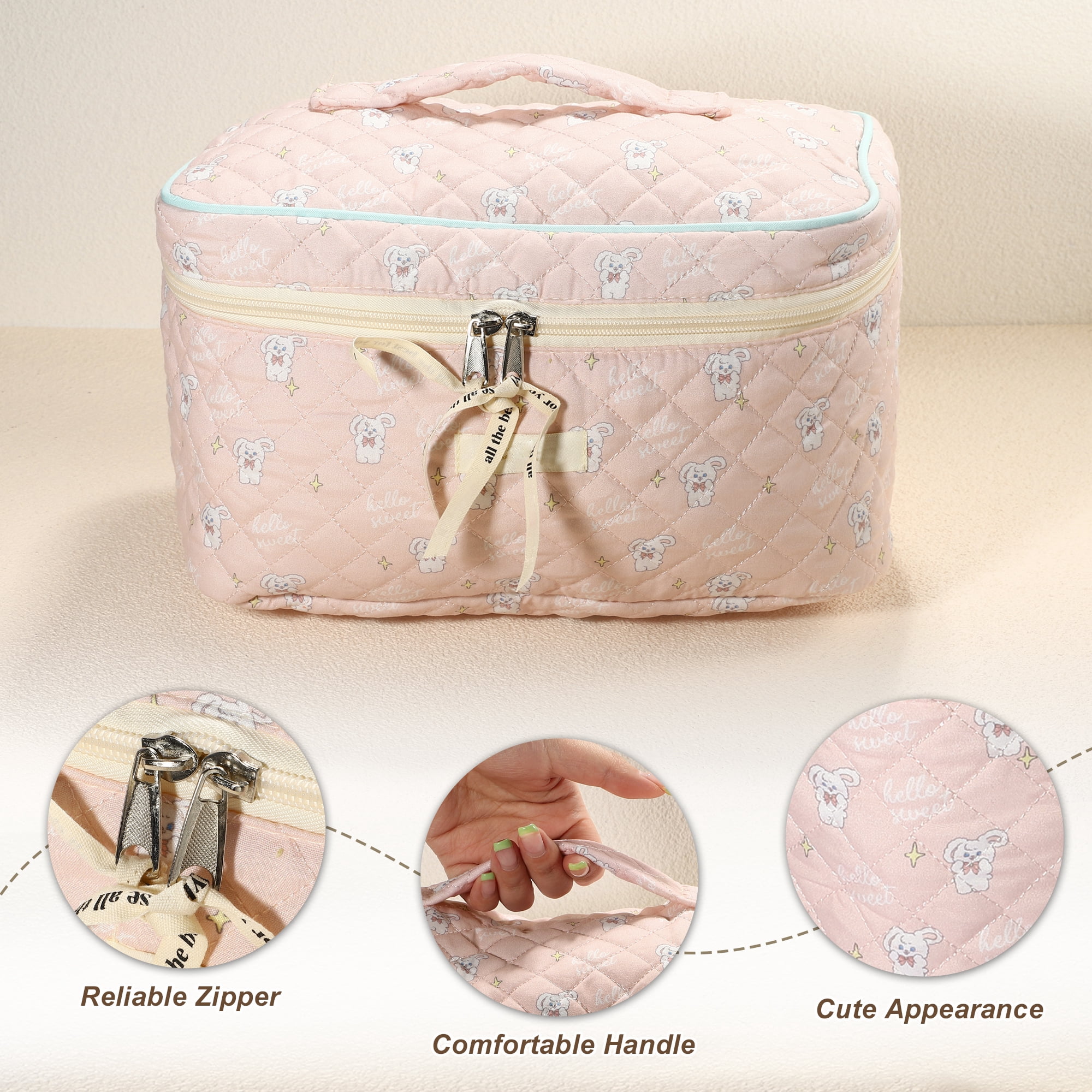 Unique Bargains Cotton Makeup Bag Aesthetic Cute Rabbit Pattern Makeup Bag for Women Pink