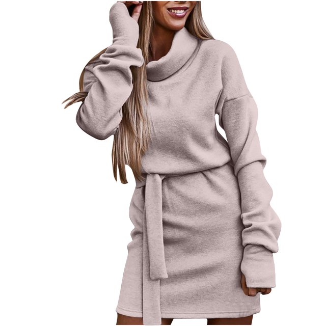 Robes à Manches Femme Couleur Unie Ceinture Manches Longues Mode Navettage Robes d'Automne Longues Robes Décontractées