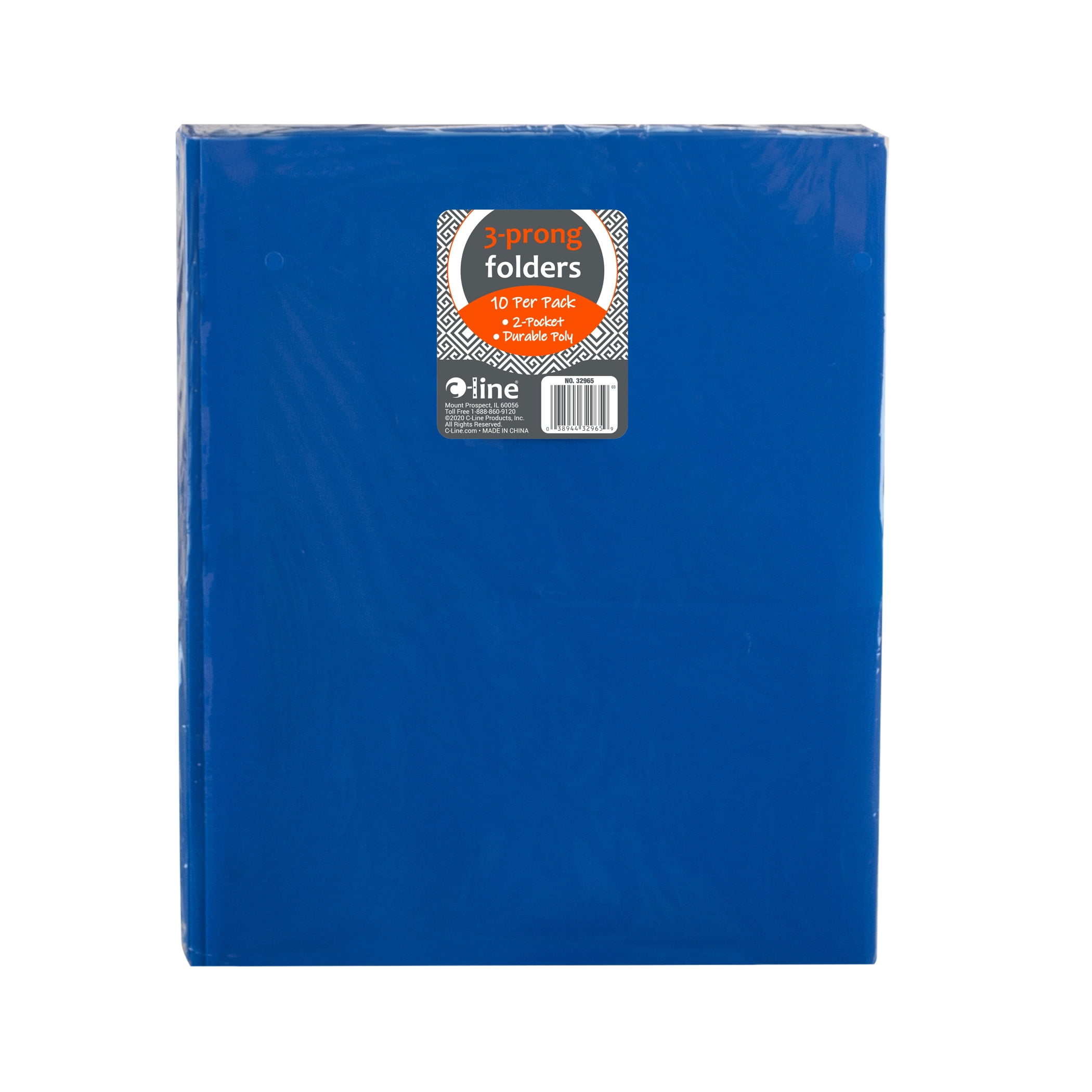 C-Line Two-Pocket Heavyweight Poly Portfolio Folder with Prongs, Blue, Pack of 10