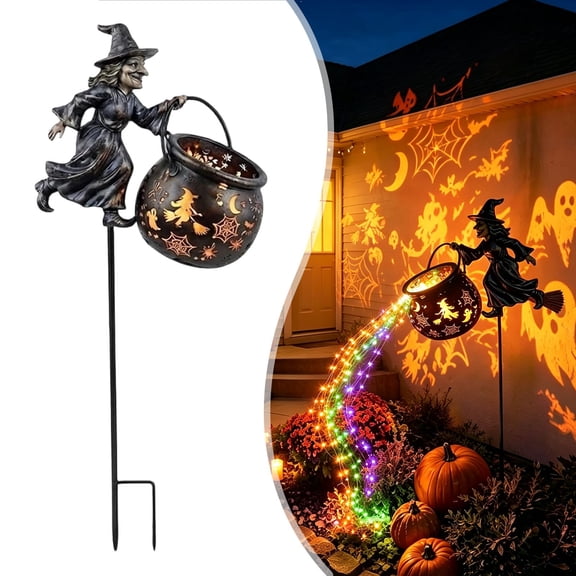 Halloween Witch Cauldron Garden Light - Flying Witch Garden Stake with Waterfall Style LED Glow, Outdoor Lawn Decoration, Spooky Patio Pathway Light for Yard Party Decor