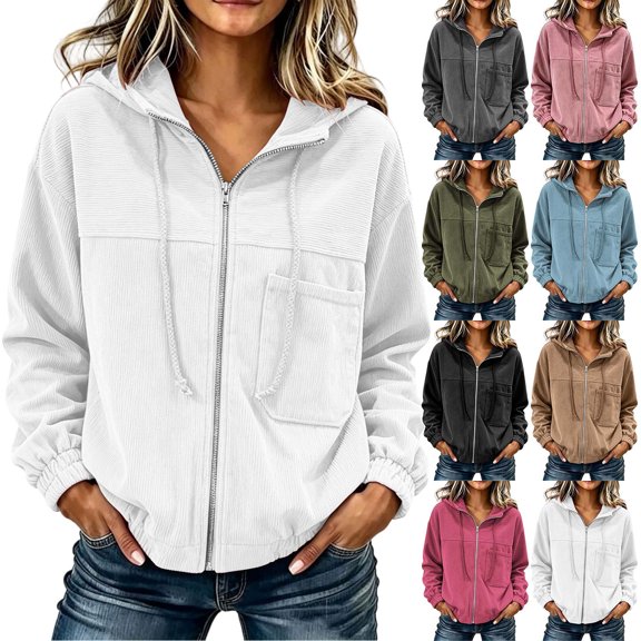 Smsaxvxz Women Zip Hoodies Fall Fashion Solid Long Sleeve Jacket Loose Fit Jacket Coat White XL
