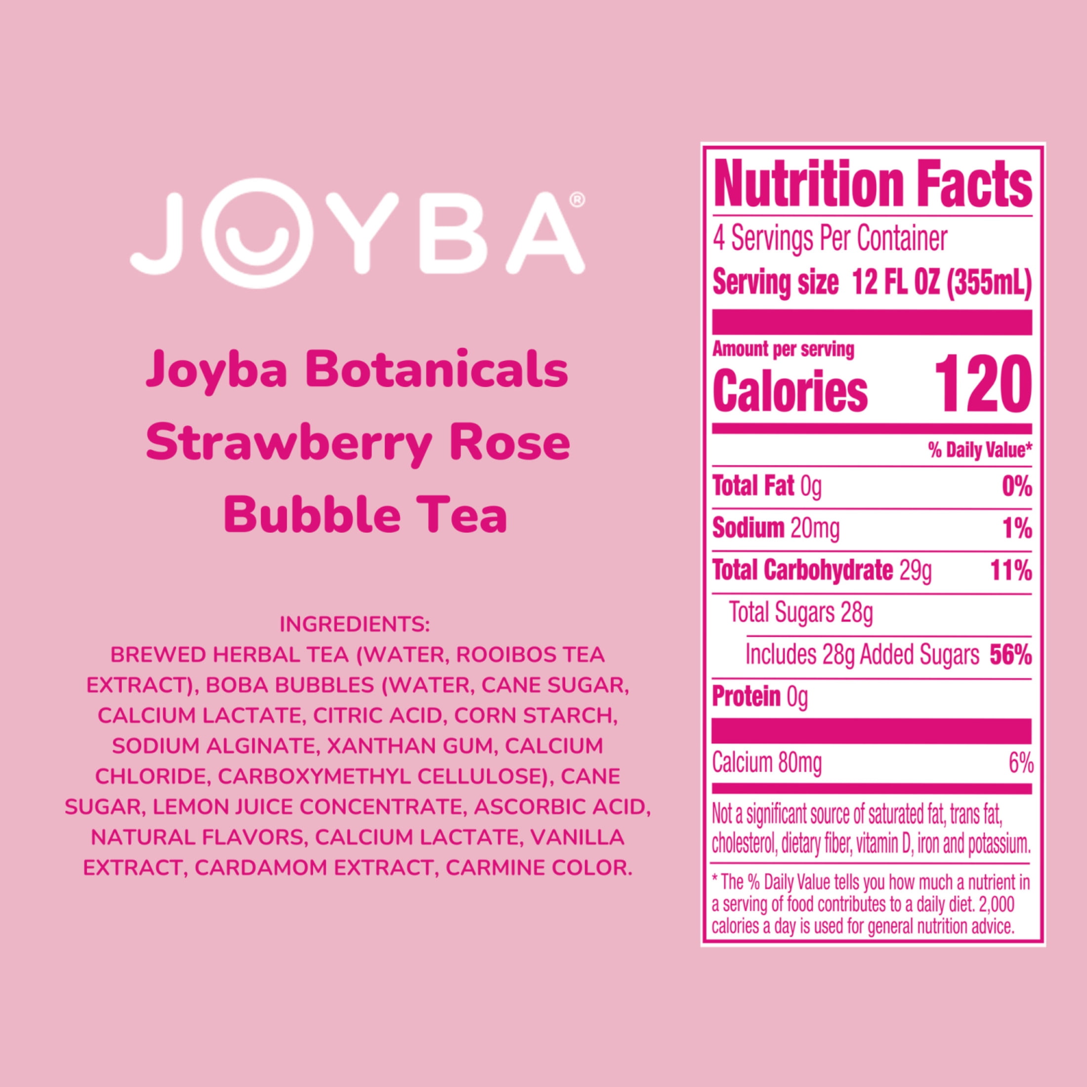 (4 pack) Joyba Strawberry Rose Herbal Bubble Tea with Popping Boba, Caffeine Free, 12 fl oz Cup (Pack of 4)