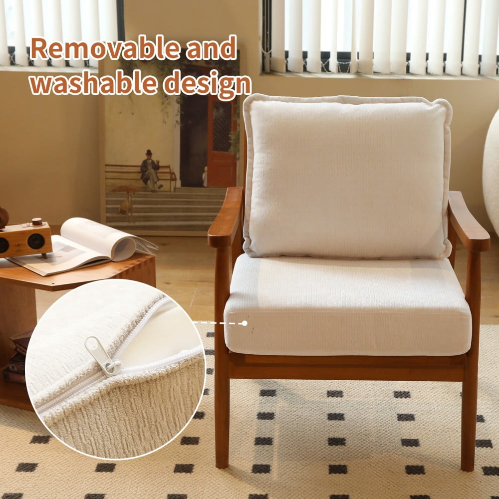 Accent Chair, Modern Upholstered Armchair with Soft Fabric Cushion & Solid Wood Legs, Cozy Reading Chair for Living Room, Bedroom & Apartment, White & Light Brown