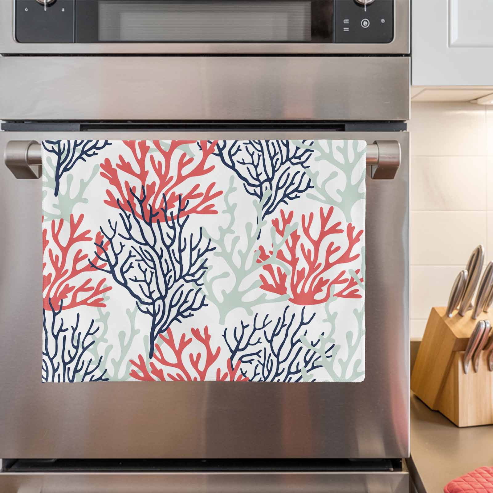 Red Navy Blue Coral Coastal Kitchen Towels Set of 3, Water Absorbent Dish Towel, Summer Beach Seaside Nautical Decorative Hand Towels - Quick Drying Cloth for Cooking Baking, 18x28 Inch