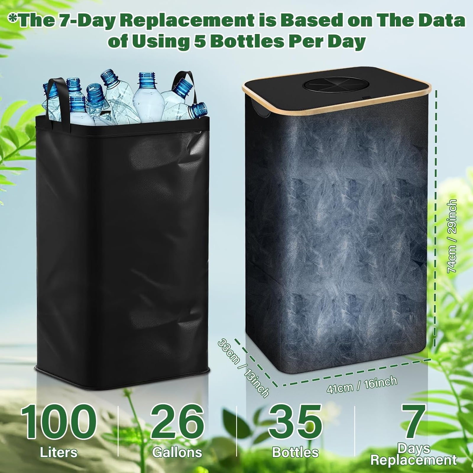 Large Recycling Bin for Kitchen 26 Gallon, 100L Recycle Bin with Lid & 2 Inner Bag, Trash Can for Bottles Cans Cartons Plastice Stickers, Black