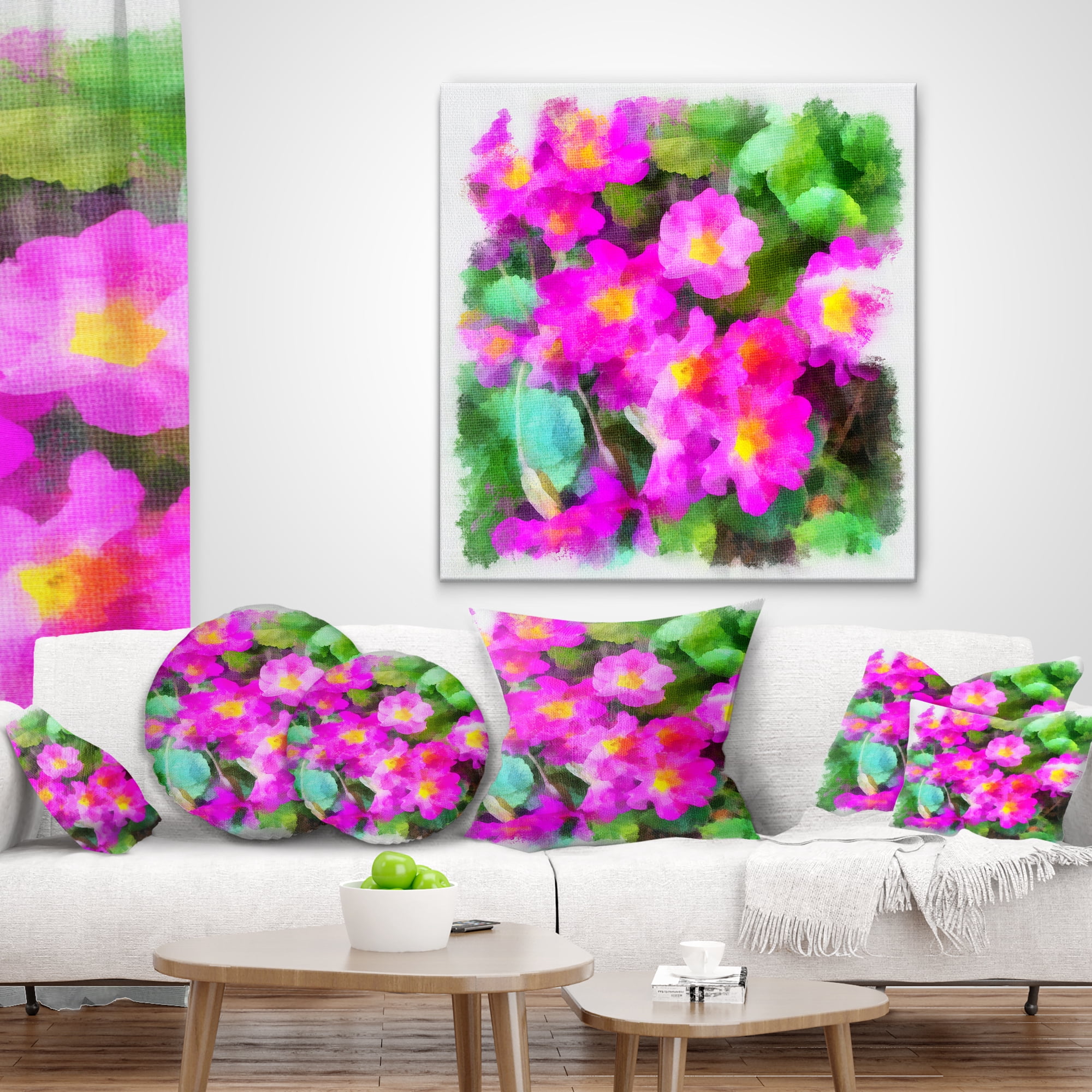 Designart Pink Little Flowers with Green Leaves - Floral Throw Pillow - 18x18