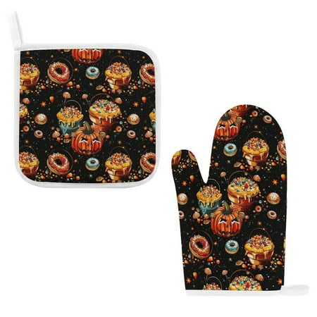 

ZZZHY Candy Pumpkin Bucket Donuts-172 Oven Mitts and Pot Holders Sets Heat Resistant Oven Gloves Cute Kitchen Mitts for Oven 2-Piece Baking Gloves Set for Cooking Grilling Baking