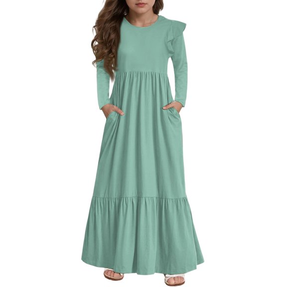 Abcomgle Girls Maxi Dresses 7-16 A-Line Ruffle Long Sleeve Maxi Dress Solid Color Crew Neck Sundresses Tiered Dresses with Pockets,Mint Green