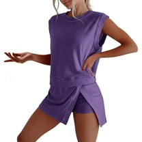 Women's 2025 Casual Summer Short Home Two-Piece Set of Pure Cotton Crewneck Sleeveless T-shirt Shorts Sportswear Sets (Dark Purple,S)