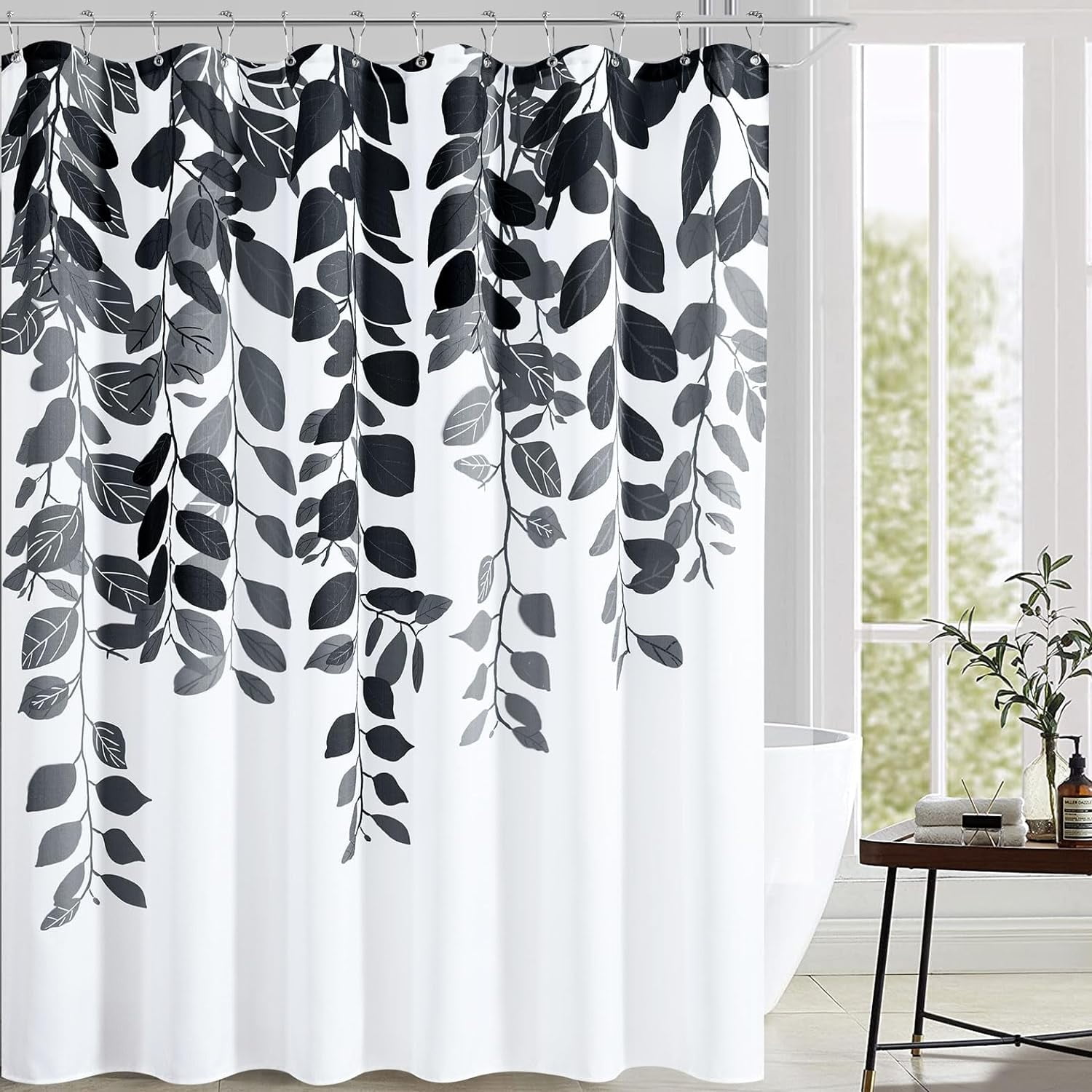 Black Floral Shower Curtain for Bathroom Black and White Eucalyptus Shower Curtain Watercolor Grey Leaves Shower Curtain Nature Botanical Bathroom Set Mens Flower Spring Plant Bath Decor 72x72