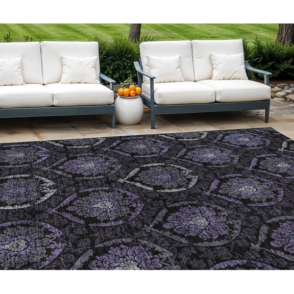 8' X 10' Purple Charcoal And Gray Medallion Washable Indoor Outdoor Area Rug