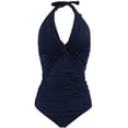 thumbnail image 3 of Maternity Swimwear One Piece Halter Pregnancy Swimsuit Solid Bathing Suit with Drawstring Adjustable Navy(L, 3 of 9