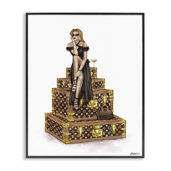 Stupell Industries Contemporary Glam Girl Perched on Cases Black Framed Giclee Art, 11 x 14, by Ziwei Li
