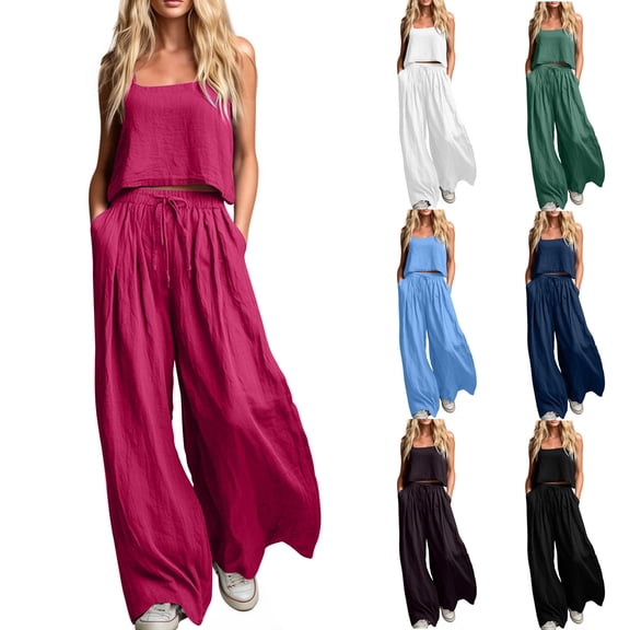 XUNKUSGA 2 Piece Sets for Women Casual Loose Square Neck Crop Tank Tops and Wide Leg Palazzo Pants Matching Sets Classic Summer Solid Color Women Sets,Pink,S
