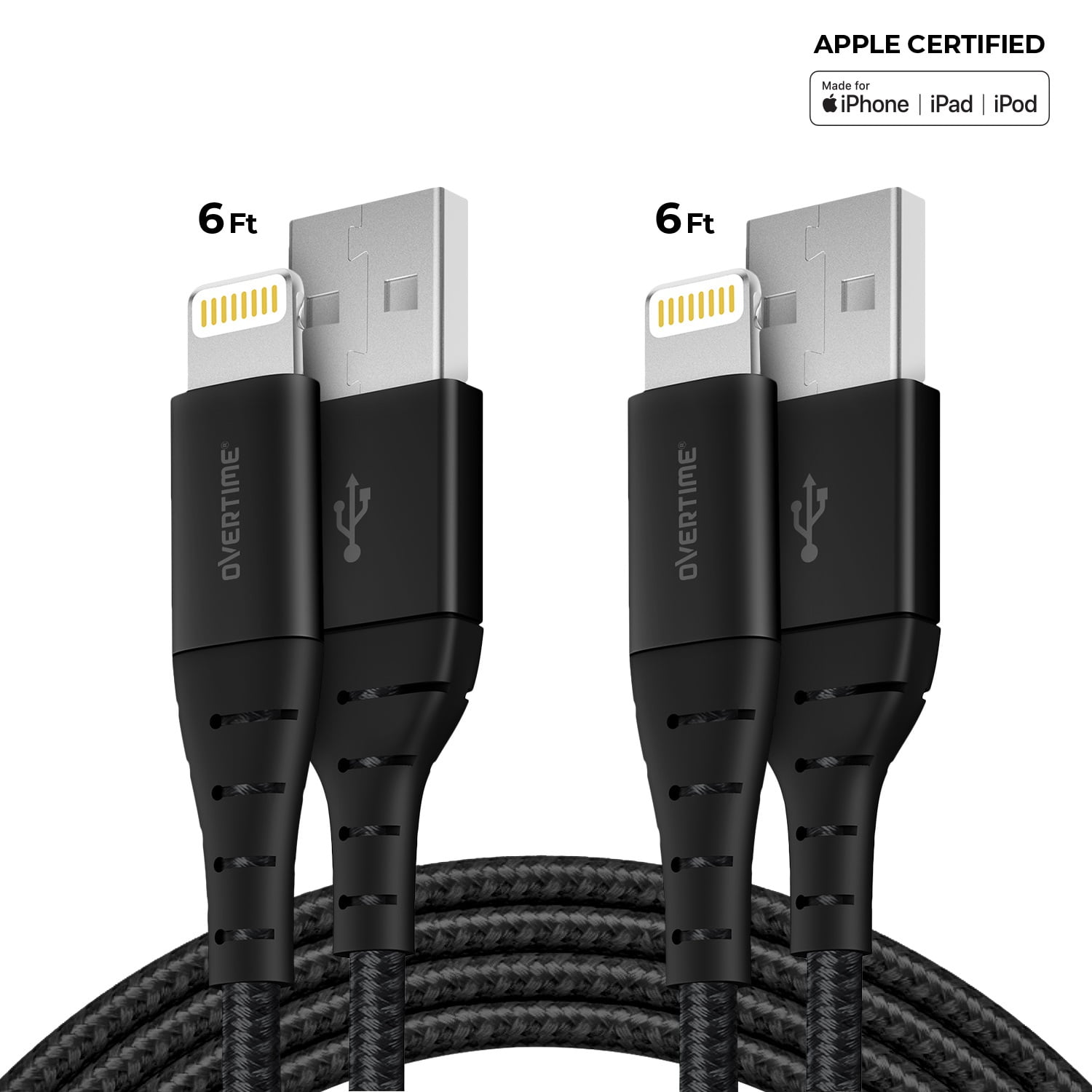 [2 Pack] Overtime 6 Foot Braided Lightning Charger MFI Certified Lightning to USB Cable 6Ft