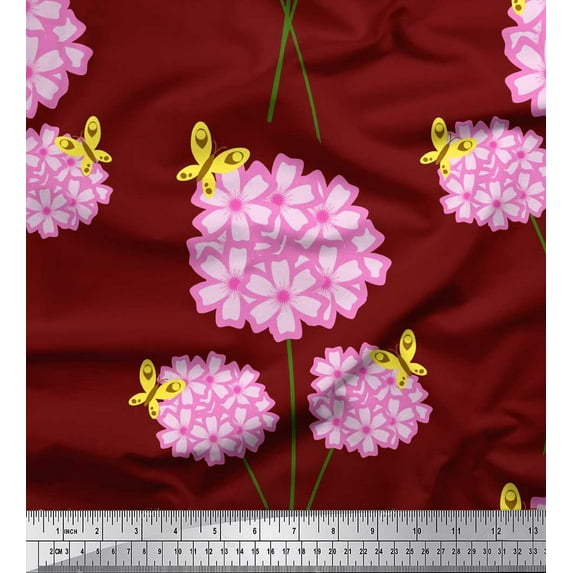 Soimoi Red Polyester Crepe Fabric Insect & Floral Artistic Printed Fabric 1 Yard 52 Inch Wide
