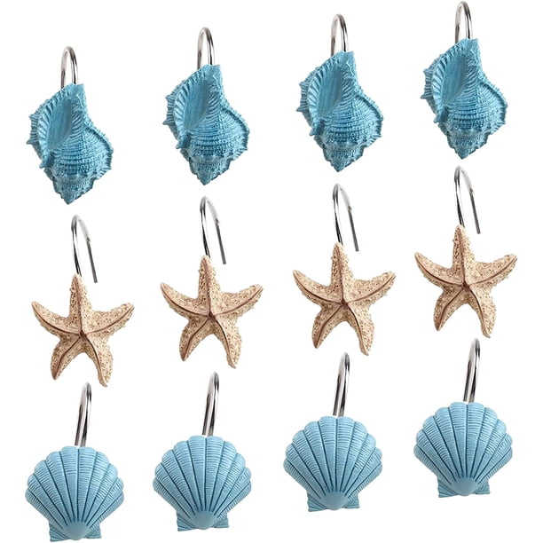 12 anillos para cortina de ducha, ganchos decorativos a prueba de herrumbre para baño, toallas, ropa (4 conchas + 4 estrellas de mar + 4 caracolas)