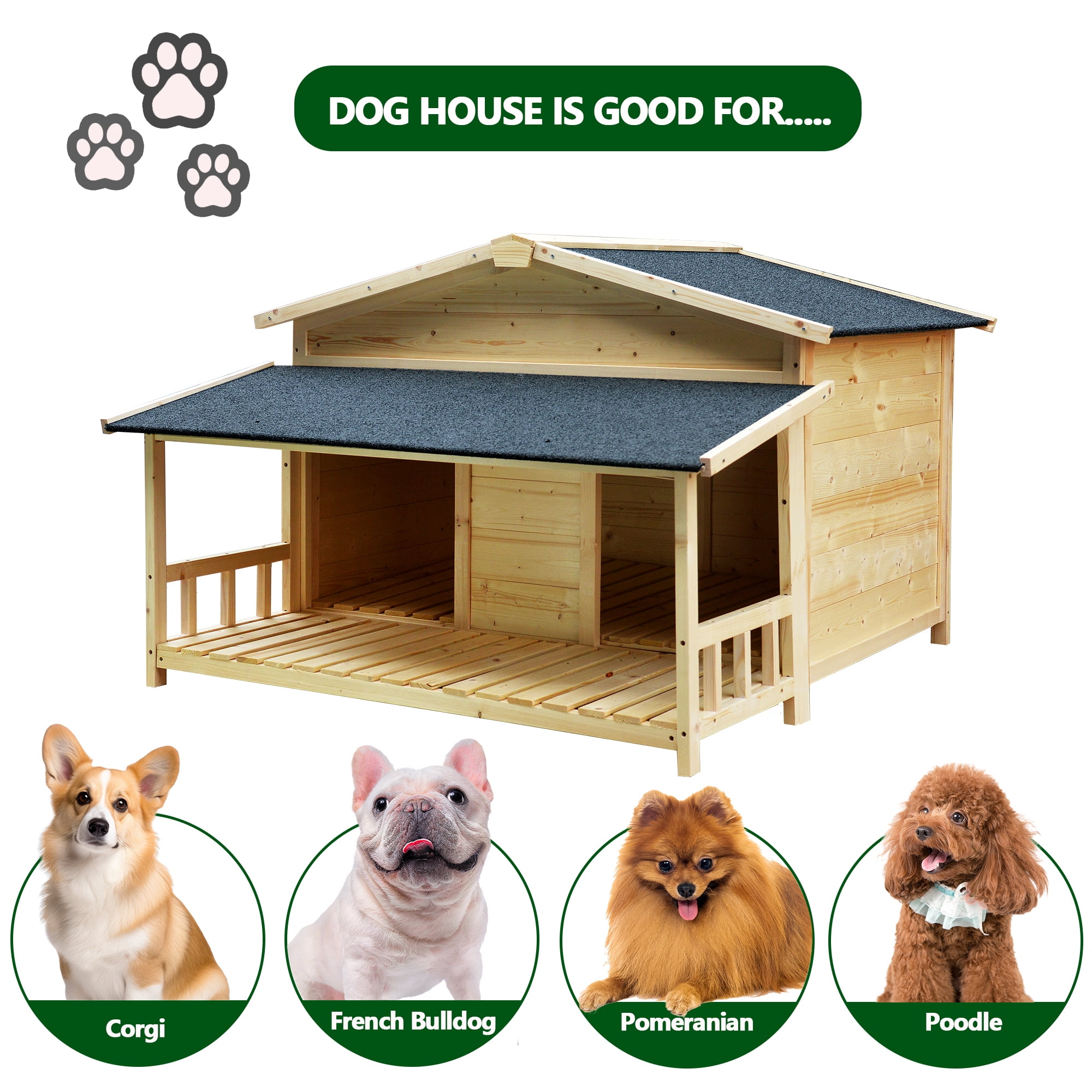 Aukfa Wooden Dog House, 32" Height Outdoor Shelter for Medium to Large Dog up to 110lbs with Balcony