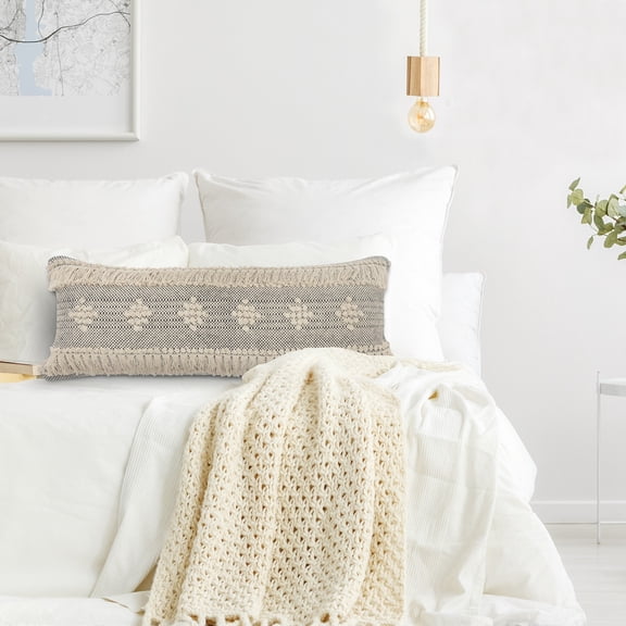 Laddha Home Designs Handwoven Diamond Cotton Lumbar Pillow Cover - 36" - Gray and Cream