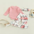 thumbnail image 4 of Combinaisons Bébé Filles Ensemble Côtelé Demi Col Roulé Manches Longues Romper et Pantalon Évasé Imprimé Floral Décontracté Bandeau, 4 of 9