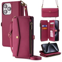 Dteck Wallet Bag Case for iPhone 13 Pro,Magnetic Leather Zipper Pocket Built-in Card Slots Case Shockproof Full Body Protective Kicktand Cover with Wrist/Shoulder Strap,Red