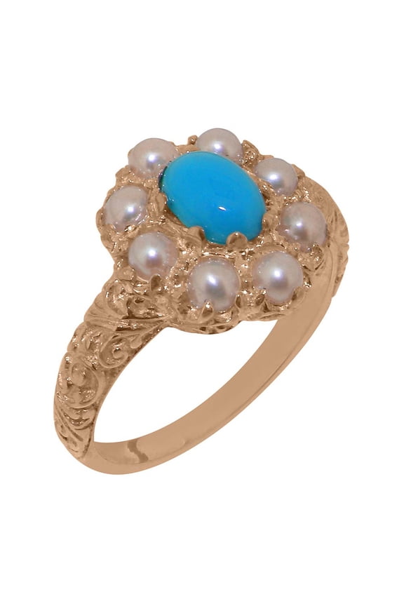 LBG British Made 14k Rose Gold Natural Turquoise & Cultured Pearl Womens Statement Ring - 33 size options - Size 10