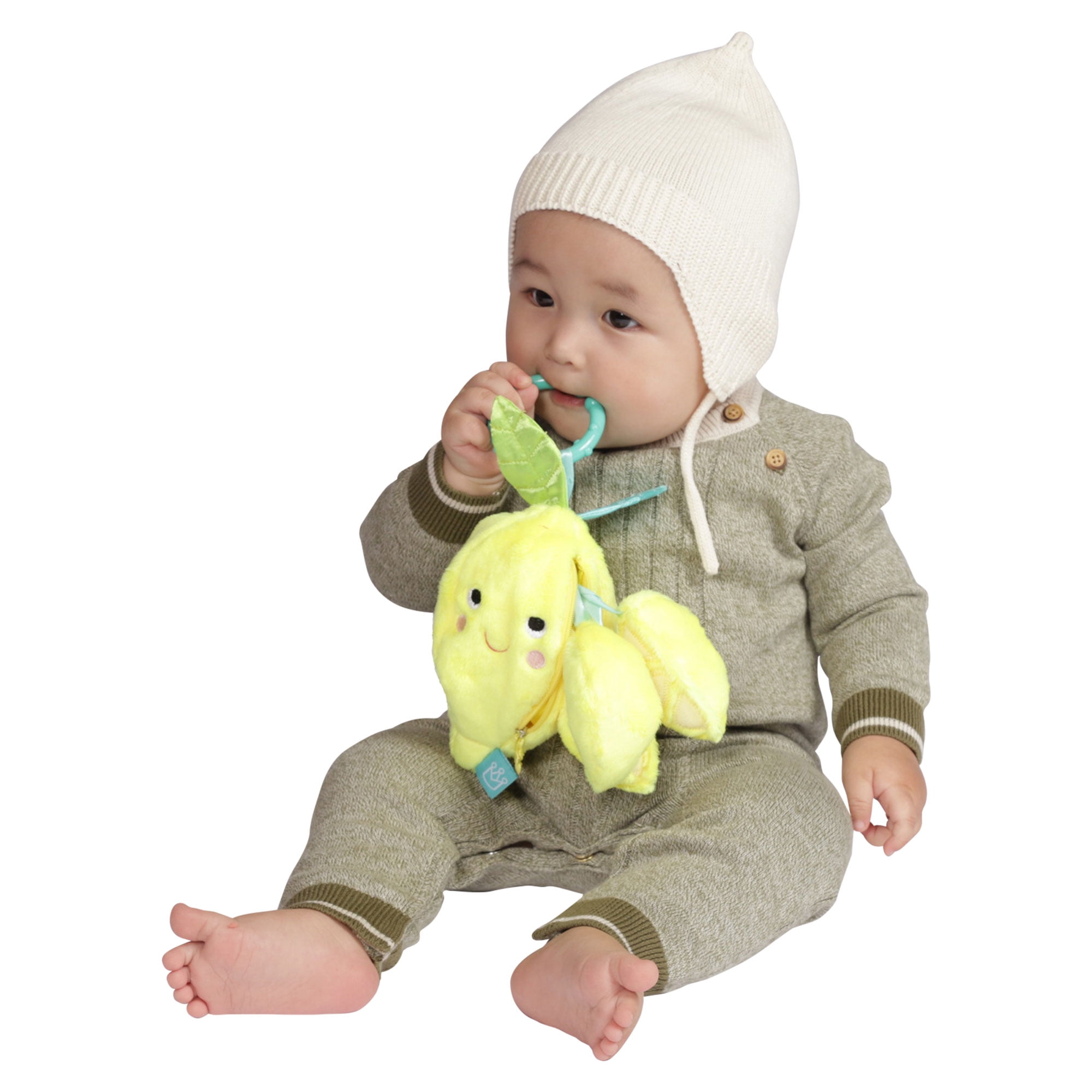 Manhattan Toy Mini-Apple Farm Lemon Baby Travel Toy with Rattle Crinkle Fabric & Teether Clip-on Attachment Squeaker 