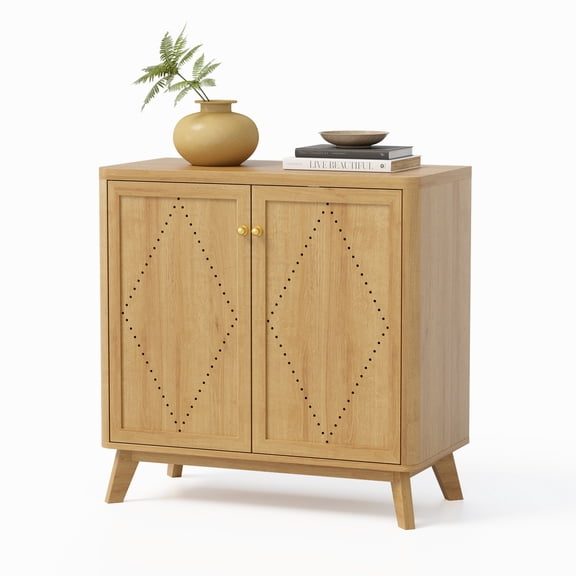 EYYTHUNG Buffet Cabinet with Storage Modern Credenza with 2 Doors and Adjustable Shelves Curved Design Accent Sideboard Media Console Cabinet, Natural Oak