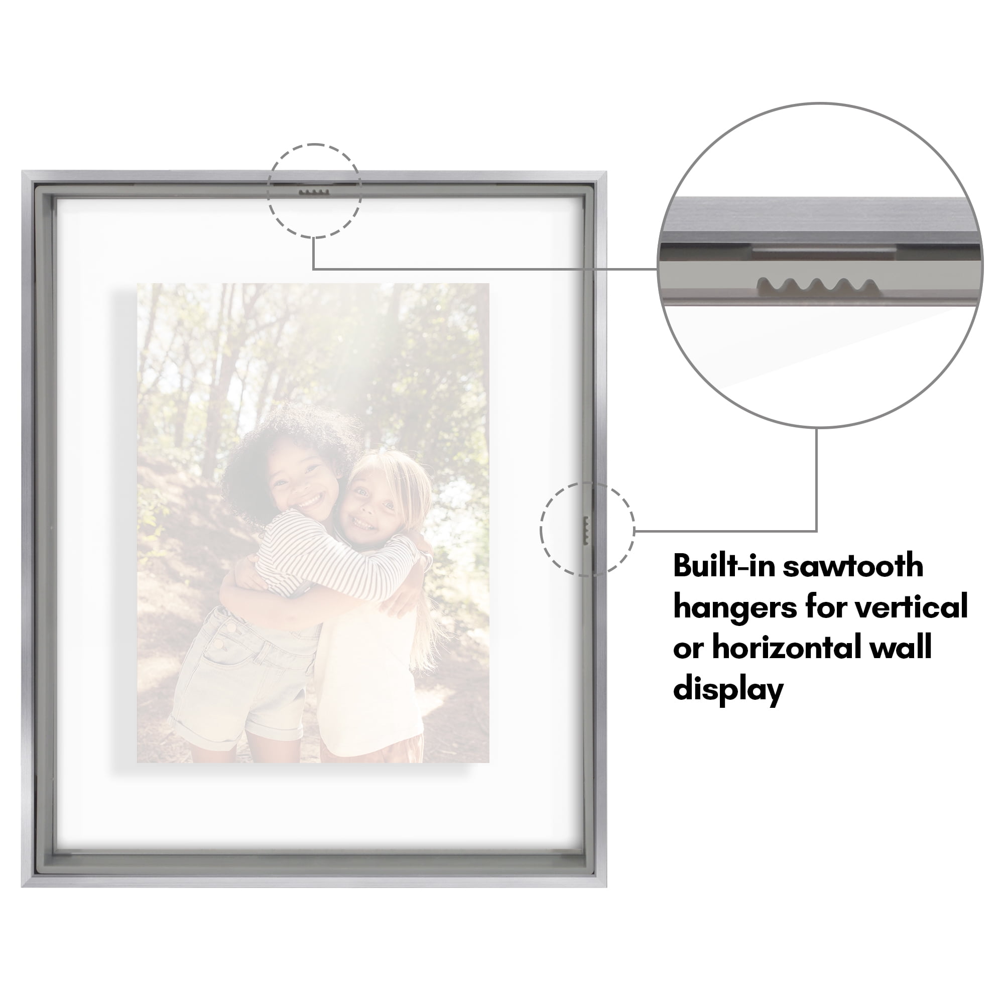 Americanflat 8x10 Picture Frame with Shatter-Resistant Glass Aluminum Floating Display Photo Float - Silver