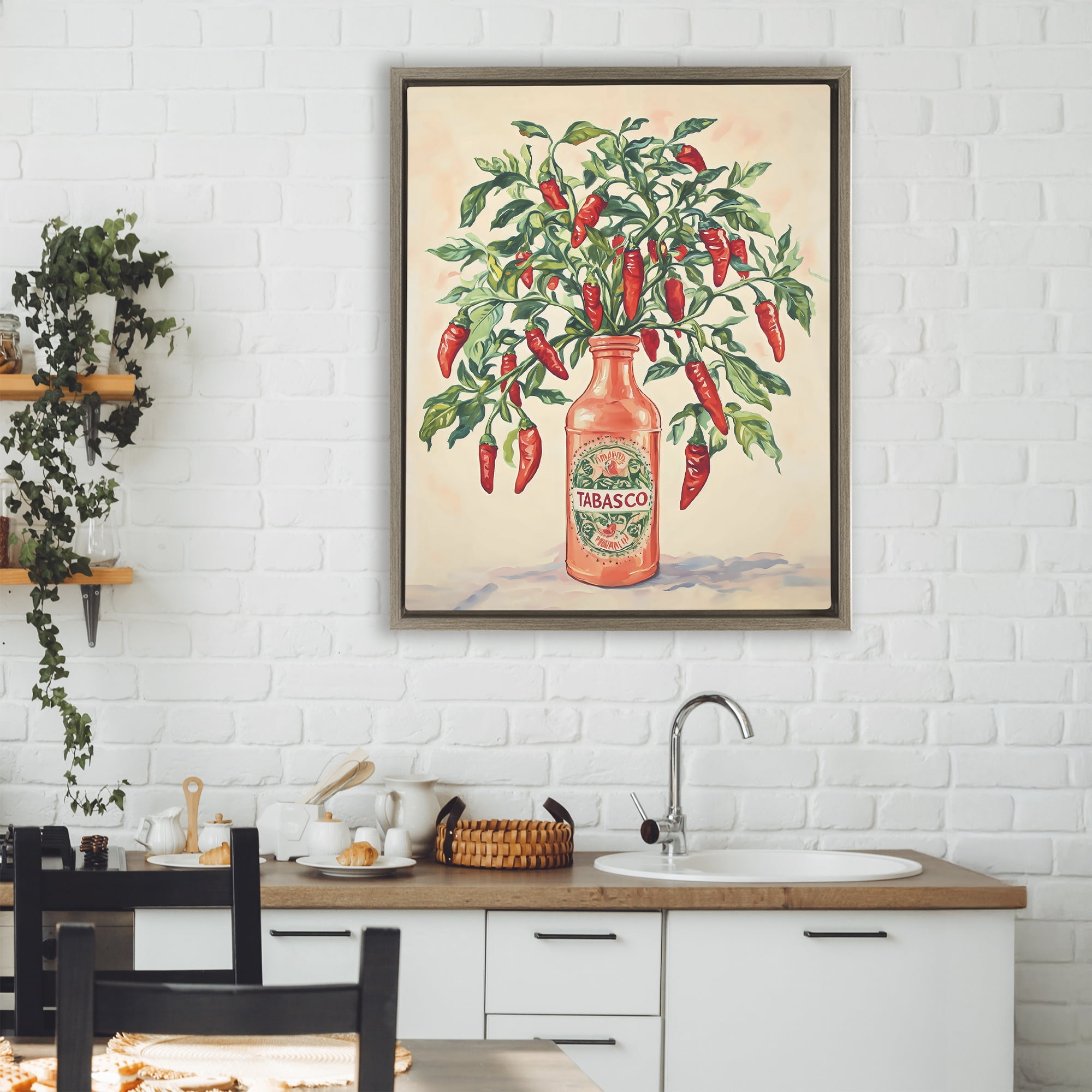 Stupell Industries Chili Peppers in Hot Sauce Vase Brown Framed Floater Canvas Wall Art, design by The Prints Vibe